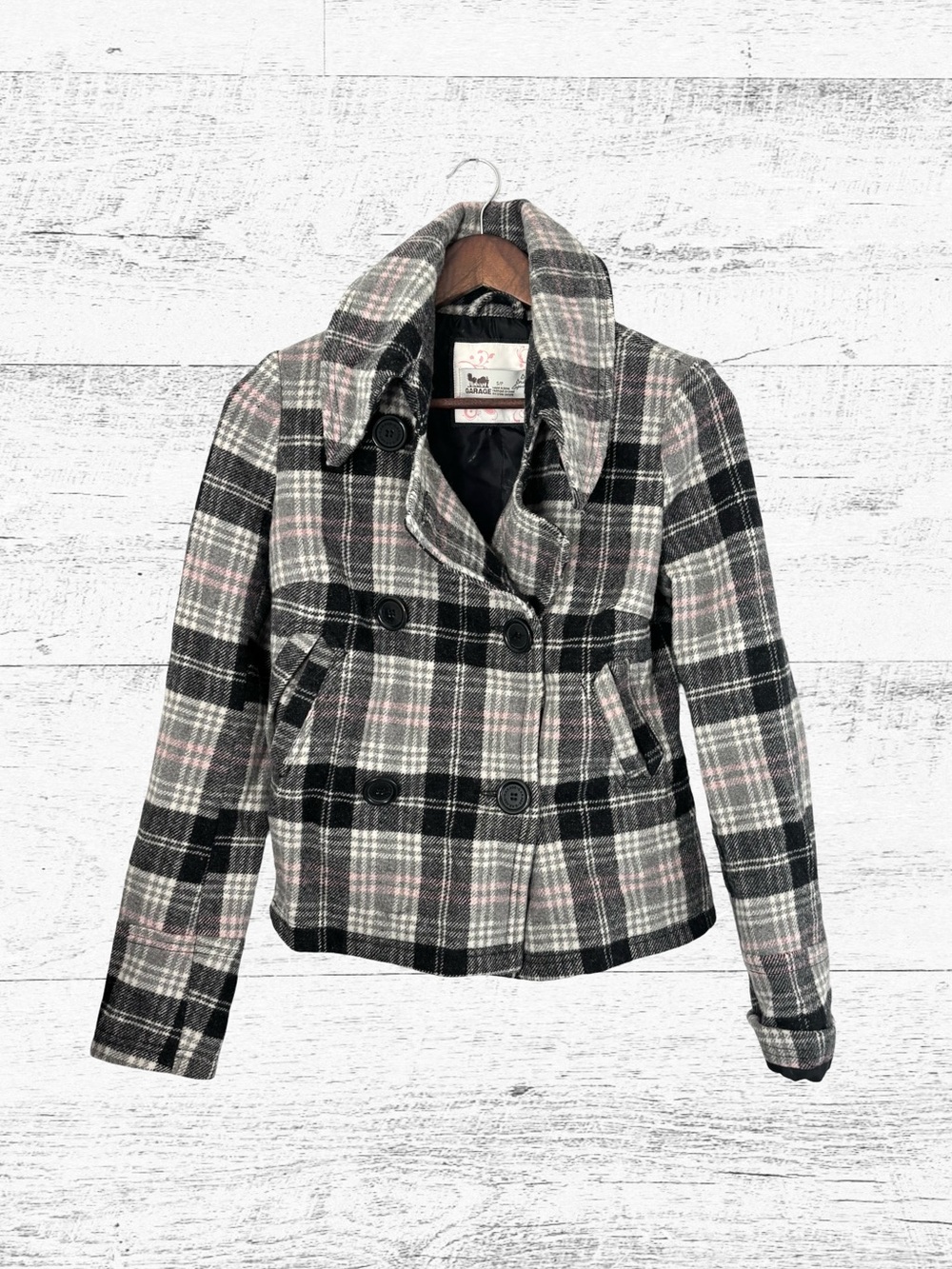 Garage Black, Gray & Pink Plaid Double-Breasted Peacoat